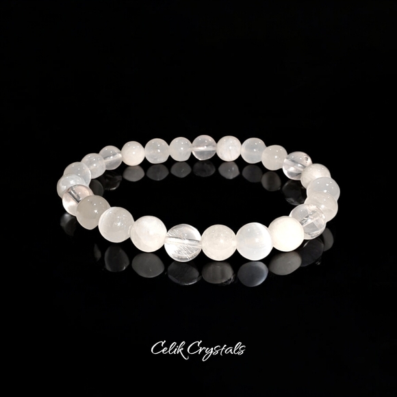 Moonstone, Selenite, Quartz Bracelet Natural Stones 8mm Unisex Stretch Crystal - Picture 1 of 4